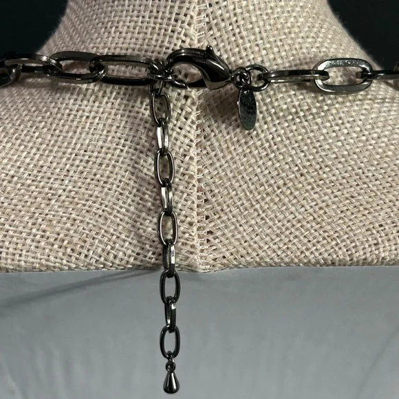 Lia Sophia Gunmetal Statement Necklace | Faceted Blue Pendant| Adjustable - Picture 3 of 4